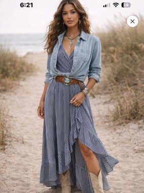 Soma Navy and White Striped Wrap Maxi Dress